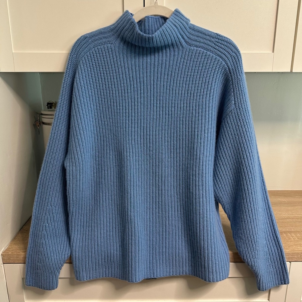 Ann Taylor 100% Cashmere Sweater Women L Blue Ribbed Mock Neck Oversized Chunky